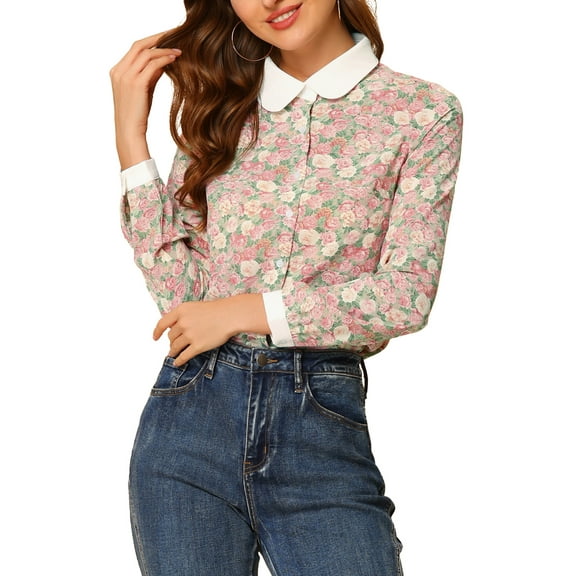 INSPIRE CHIC Women's Contrast Collar Button Down Long Sleeve Floral Blouse Shirt