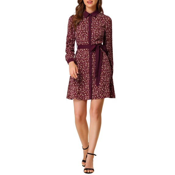 Allegra K Women's Contrast Collar Button Front Vintage Floral Long Sleeve Shirt Dresses