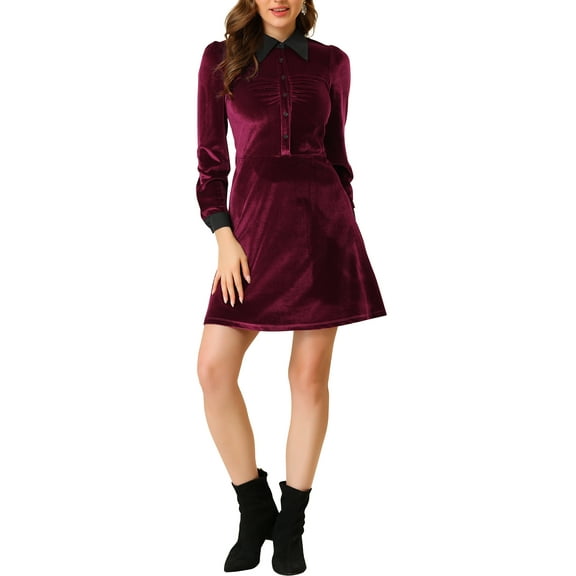 INSPIRE CHIC Women's Contrast Collar Long Sleeve A-Line Velvet Dress XL Wine Red
