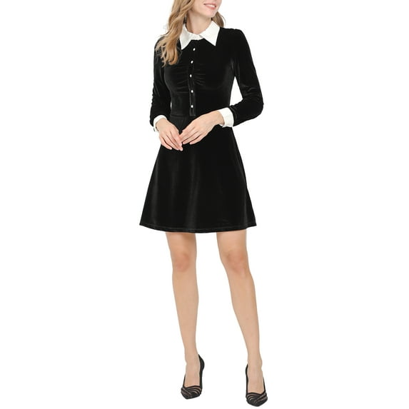INSPIRE CHIC Women's Contrast Collar Long Sleeve A-Line Velvet Dress XS Black