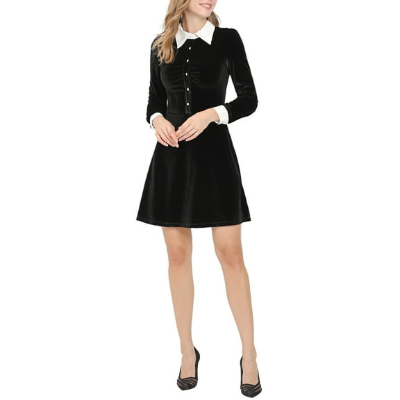 INSPIRE CHIC Women's Contrast Collar Long Sleeve A-Line Velvet Dress XS Black