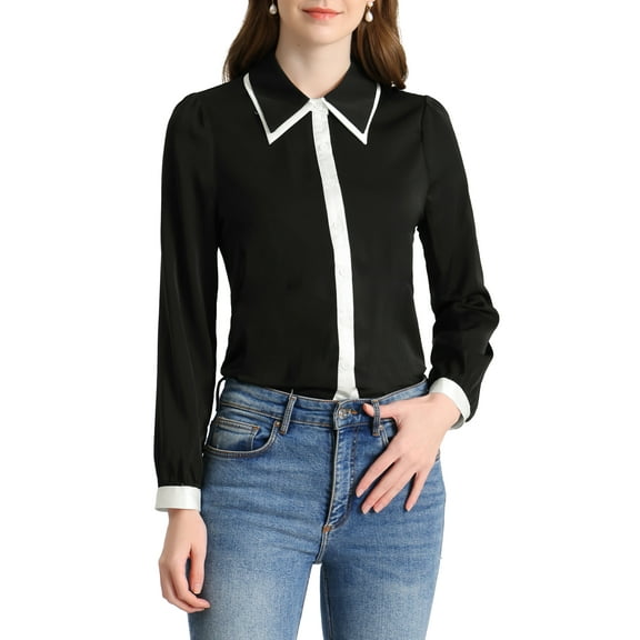 INSPIRE CHIC Women's Contrast Collar Long Sleeve Office Button Down Shirt M Black
