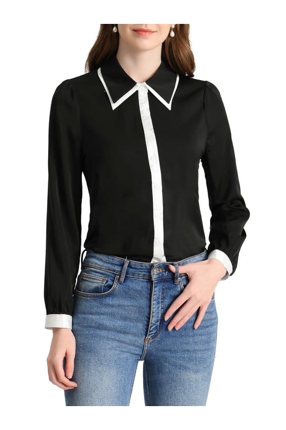 Women's Contrast Collar Long Sleeve Office Button Down Shirt M Black