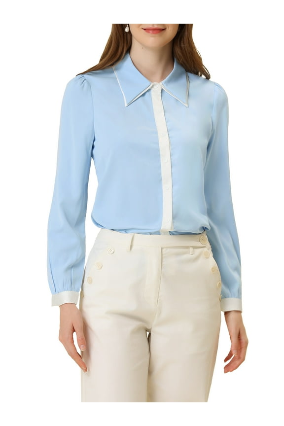 Women's Contrast Collar Long Sleeve Office Button Down Shirt XL Light Blue