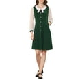 thumbnail image 1 of INSPIRE CHIC Women's Contrast Collar Long Sleeves A-Line Button Decor Short Dress Dark Green XS, 1 of 5
