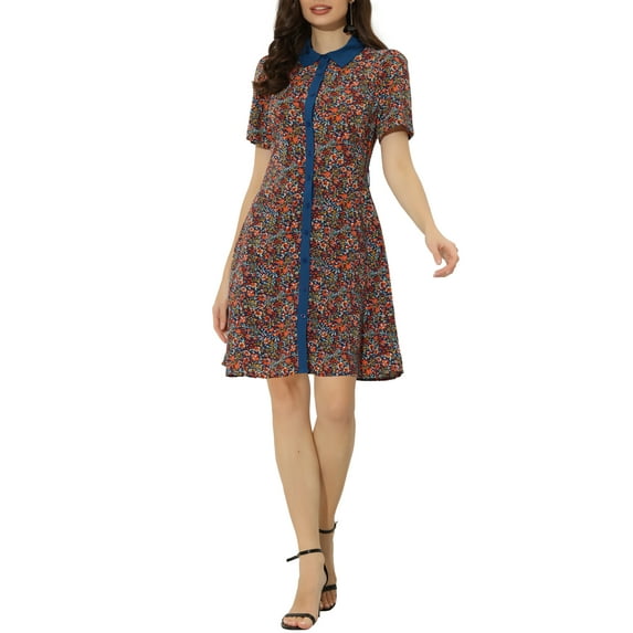 INSPIRE CHIC Women's Contrast Collar Short Sleeve Belt Shirt Dresses XS Dark Blue