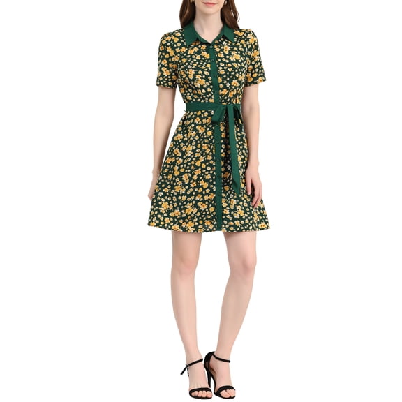 INSPIRE CHIC Women's Contrast Collar Short Sleeve Belt Shirt Dresses S Green
