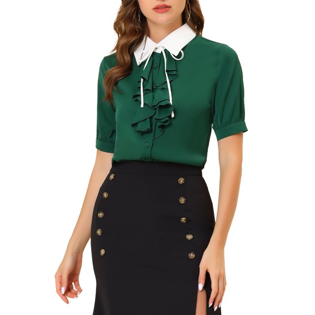 Short Front Ruffle Collar Allegra K Women's Contrast Collar Tie Ruffle Front Button Short Sleeve ...