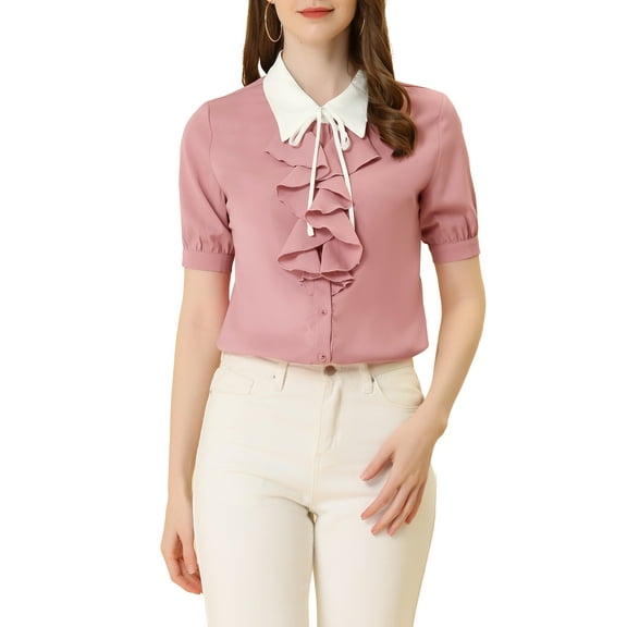 INSPIRE CHIC Women's Contrast Collar Tie Ruffle Front Button Short Sleeve Work Shirt S Light Pink