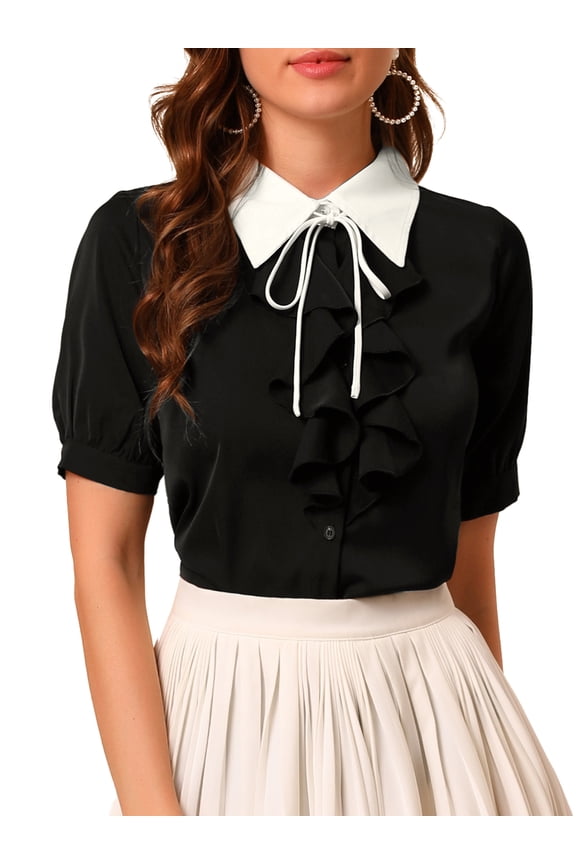 Women's Contrast Collar Tie Ruffle Front Button Short Sleeve Work Shirt S Black