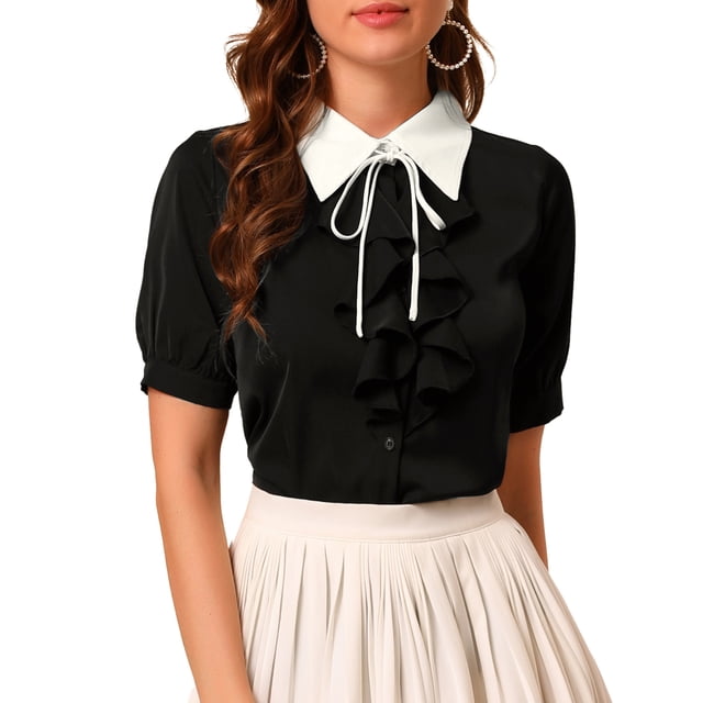 Short Front Ruffle Collar Allegra K Women's Contrast Collar Tie Ruffle Front Button Short Sleeve ...