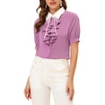 thumbnail image 1 of INSPIRE CHIC Women's Contrast Collar Tie Ruffle Front Button Short Sleeve Work Shirt S Purple, 1 of 5