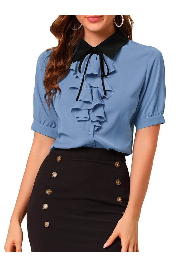 Women's Contrast Collar Tie Ruffle Front Button Short Sleeve Work Shirt S Dusty Blue