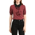 thumbnail image 1 of INSPIRE CHIC Women's Contrast Collar Tie Ruffle Front Button Short Sleeve Work Shirt XS Wine Red, 1 of 6