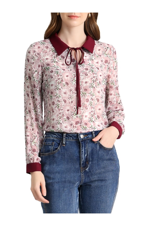 Women's Contrast Color Collar See Through Floral Tops