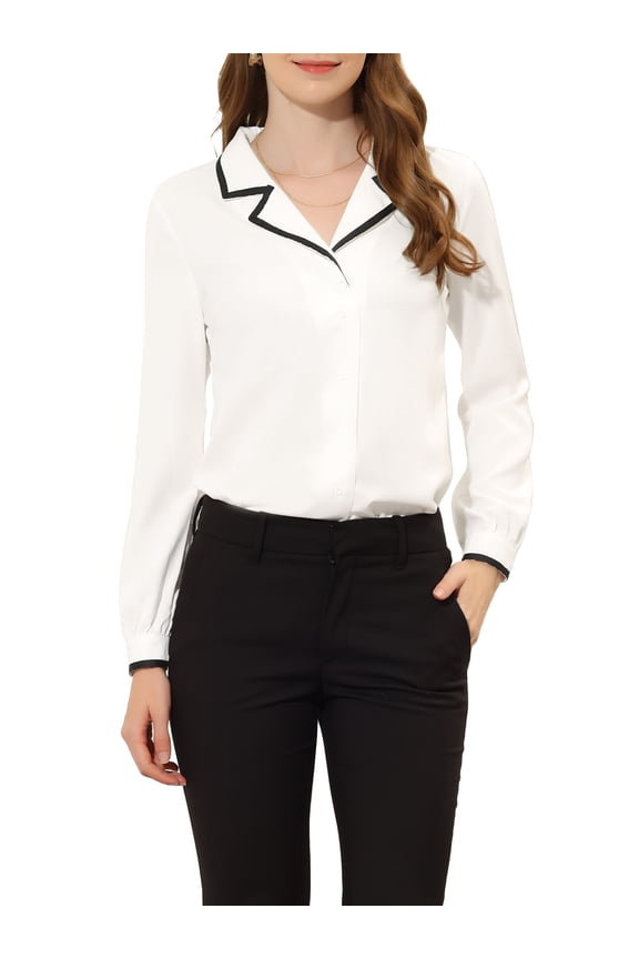 Women's Contrast Color Long Sleeve Work Office Blouse White XS