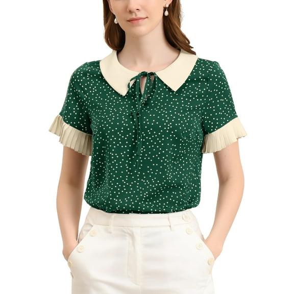 INSPIRE CHIC Women's Contrast Doll Collar Short Sleeves Polka Dots Tops Blouses S Dark Green