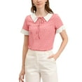thumbnail image 1 of INSPIRE CHIC Women's Contrast Doll Collar Short Sleeves Polka Dots Tops Blouses XS Pink, 1 of 8