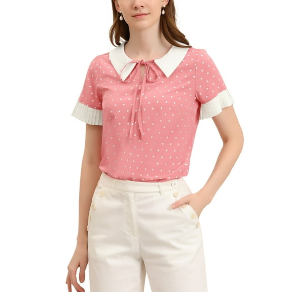 INSPIRE CHIC Women's Contrast Doll Collar Short Sleeves Polka Dots Tops Blouses S Pink
