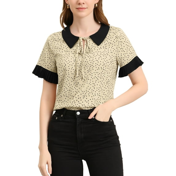 INSPIRE CHIC Women's Contrast Doll Collar Short Sleeves Polka Dots Tops Blouses XL Apricot Black