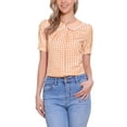 thumbnail image 1 of INSPIRE CHIC Women's Contrast Peter Pan Collar Blouse Puff Short Sleeve Plaid Shirt Top L Orange, 1 of 6