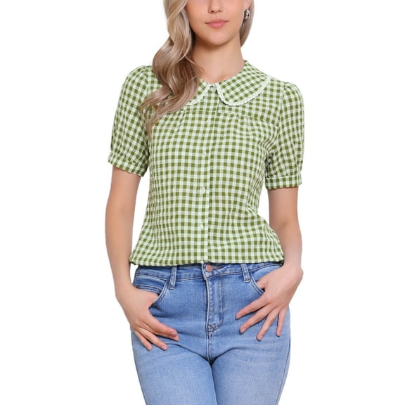 INSPIRE CHIC Women's Contrast Peter Pan Collar Blouse Puff Short Sleeve Plaid Shirt Top M Green