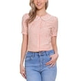 thumbnail image 1 of INSPIRE CHIC Women's Contrast Peter Pan Collar Blouse Puff Short Sleeve Plaid Shirt Top S Peach Pink, 1 of 6