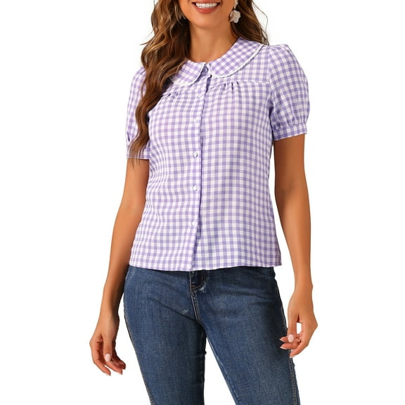 INSPIRE CHIC Women's Contrast Peter Pan Collar Blouse Puff Short Sleeve Plaid Shirt Top L Purple
