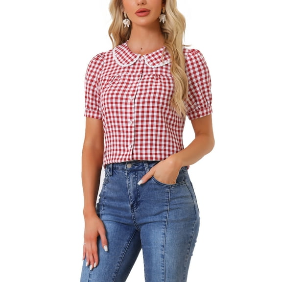 INSPIRE CHIC Women's Contrast Peter Pan Collar Blouse Puff Short Sleeve Plaid Shirt Top S Red
