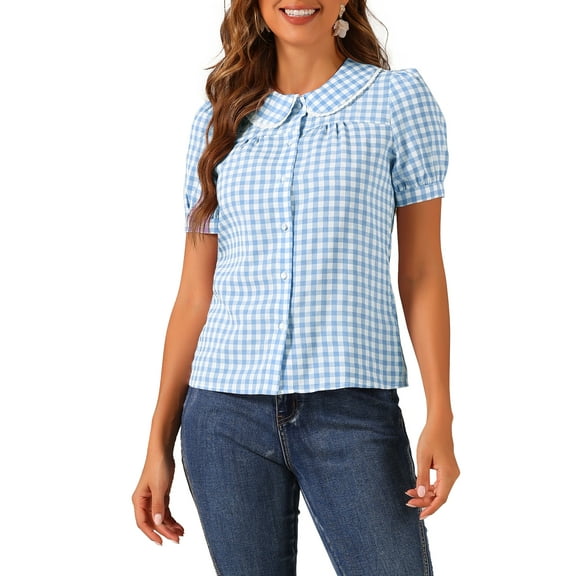 INSPIRE CHIC Women's Contrast Peter Pan Collar Blouse Puff Short Sleeve Plaid Shirt Top XS Sky Blue
