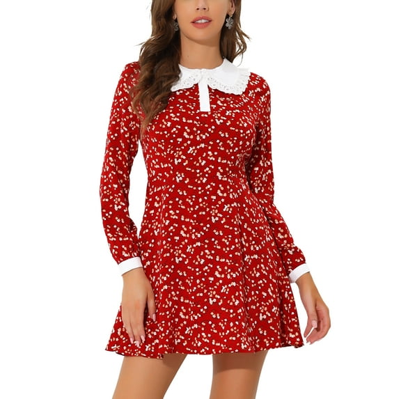 INSPIRE CHIC Women's Contrast Peter Pan Collar Floral Long Sleeve Above Knee Dress M Red