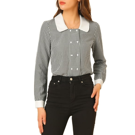INSPIRE CHIC Women's Contrast Peter Pan Collar Gingham Long Sleeve Button Front Shirt M Black