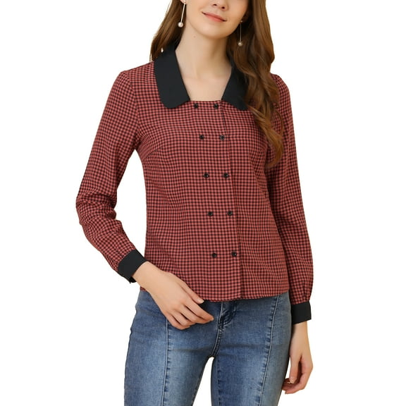 INSPIRE CHIC Women's Contrast Peter Pan Collar Gingham Long Sleeve Button Front Shirt S Red-Black