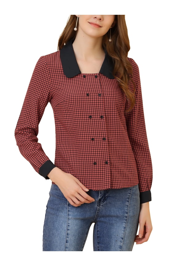 Women's Contrast Peter Pan Collar Gingham Long Sleeve Button Front Shirt S Red-Black