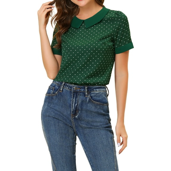 INSPIRE CHIC Women's Contrast Peter Pan Collar Polka Dots Short Sleeve Tops 2XL Green