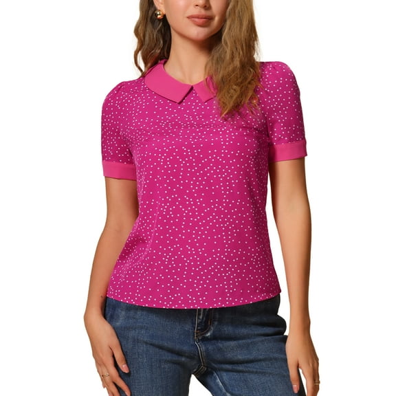 INSPIRE CHIC Women's Contrast Peter Pan Collar Polka Dots Short Sleeve Tops L Hot Pink