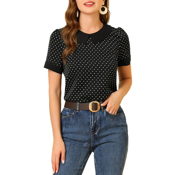 INSPIRE CHIC Women's Contrast Peter Pan Collar Polka Dots Short Sleeve Tops M Black
