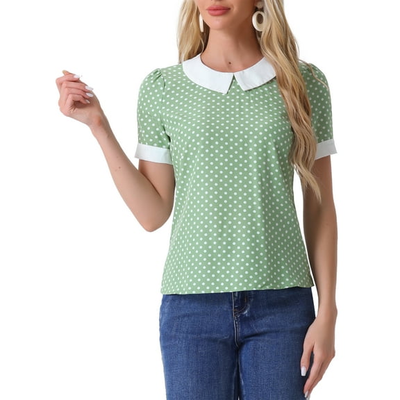 INSPIRE CHIC Women's Contrast Peter Pan Collar Polka Dots Short Sleeve Tops M Dusty Green