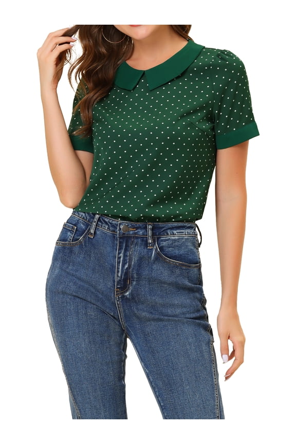 Women's Tops Contrast Peter Pan Collar Polka Dots Short Sleeve Blouse M Green