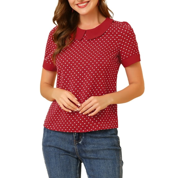 INSPIRE CHIC Women's Contrast Peter Pan Collar Polka Dots Short Sleeve Tops M Red