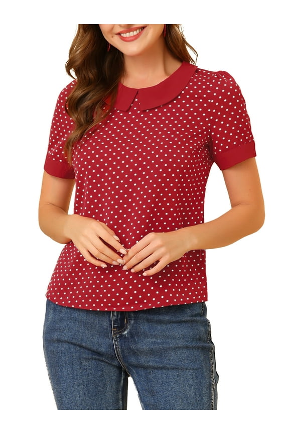 Women's Contrast Peter Pan Collar Polka Dots Short Sleeve Tops M Red