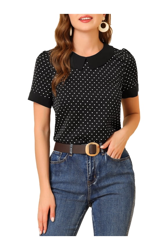 Women's Tops Contrast Peter Pan Collar Polka Dots Short Sleeve Blouse XL Black