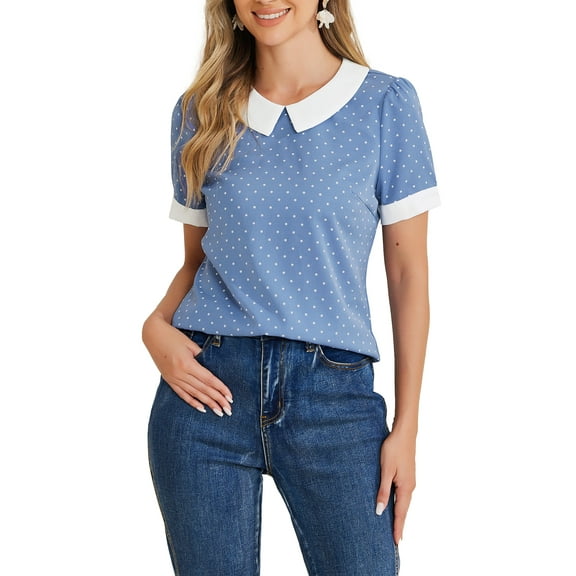 INSPIRE CHIC Women's Contrast Peter Pan Collar Polka Dots Short Sleeve Tops XS Dusty Blue