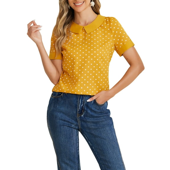 INSPIRE CHIC Women's Contrast Peter Pan Collar Polka Dots Short Sleeve Tops XS Yellow