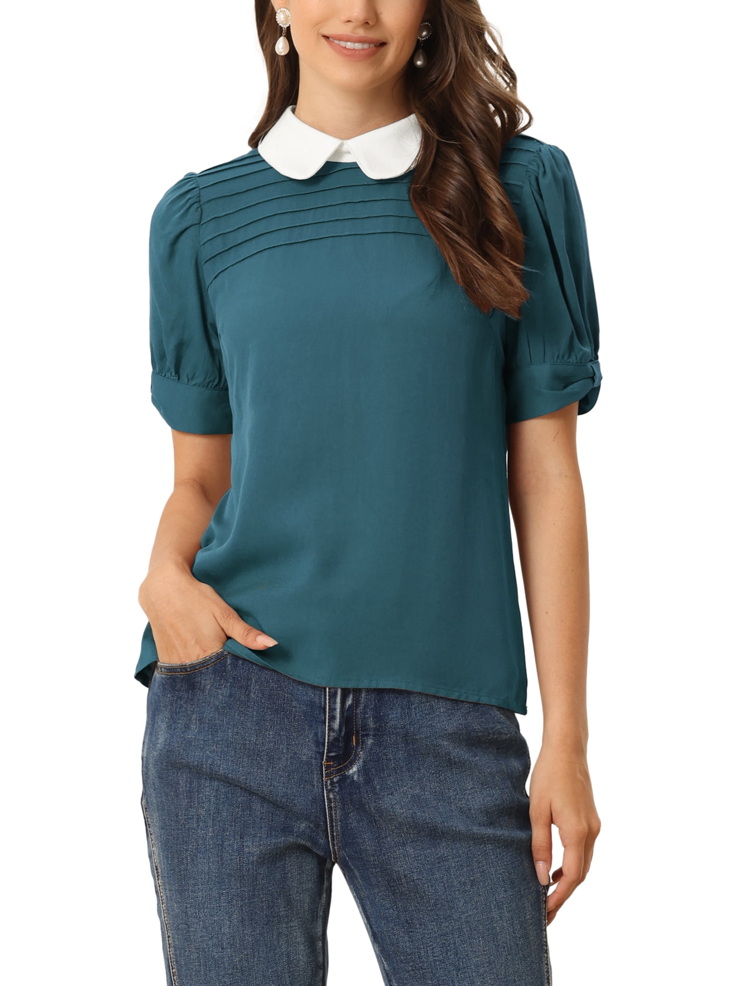 Allegra K Women's Contrast Collar Belted Shirt Dress - Dark Blue Short Sleeve Dress, Size S - View #10
