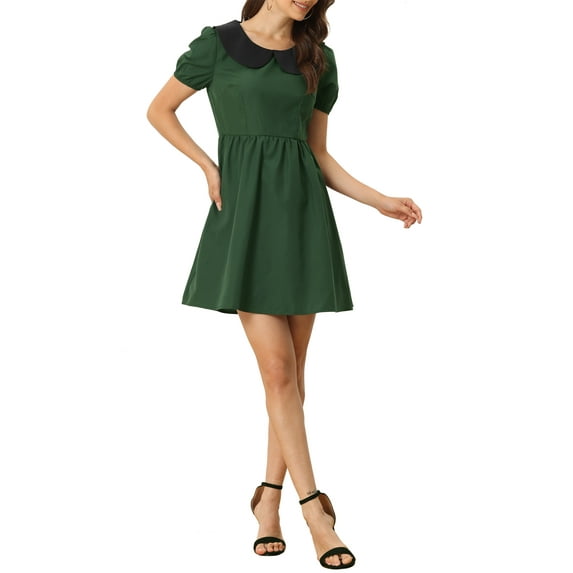 INSPIRE CHIC Women's Contrast Peter Pan Collar Puff Sleeve Fit and Flare Above Knee Dress S Dark Green