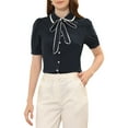thumbnail image 1 of INSPIRE CHIC Women's Contrast Peter Pan Collar Shirt Puff Sleeve Button Up Tie Neck Blouse Dark Blue XS, 1 of 6