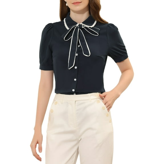 INSPIRE CHIC Women's Contrast Peter Pan Collar Shirt Puff Sleeve Button Up Tie Neck Blouse M Dark Blue