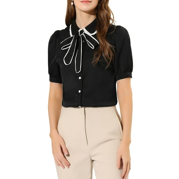 INSPIRE CHIC Women's Contrast Peter Pan Collar Shirt Puff Sleeve Button Up Tie Neck Blouse Black M