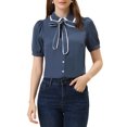thumbnail image 1 of INSPIRE CHIC Women's Contrast Peter Pan Collar Shirt Puff Sleeve Button Up Tie Neck Blouse L Blue Gray, 1 of 6